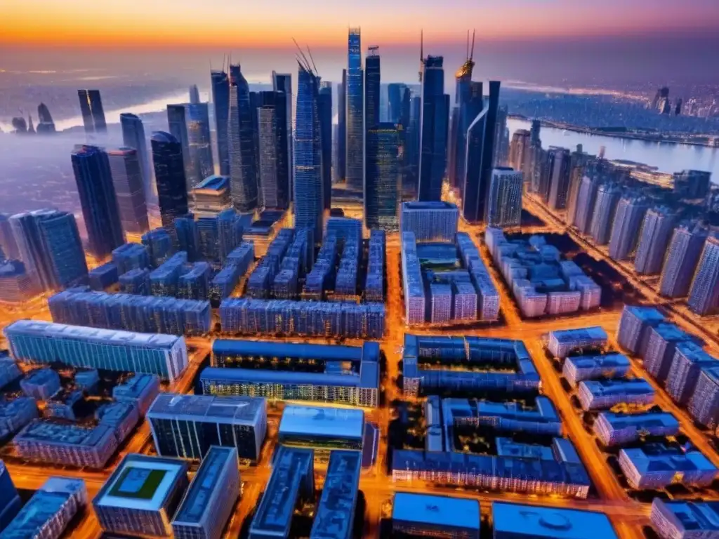 Horizonte urbano: Oportunidades de inversión en ciudad global durante la hora dorada Inversión segura en mercado inmobiliario: Atardecer dorado sobre el bullicioso paisaje urbano de modernos rascacielos