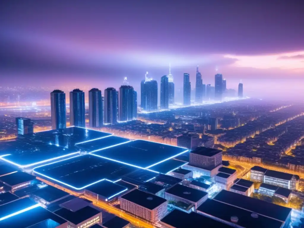 Metrópolis futurista: Ciberseguridad avanzada en rascacielos Inversión segura en mercado inmobiliario internacional: Ciudad futurista con ciberseguridad avanzada y luces neon en rascacielos