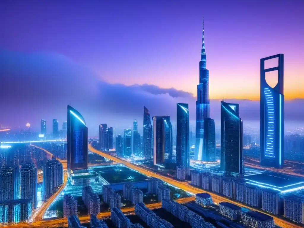 Metrópolis futurista: arquitectura tradicional y tecnología de vanguardia Inversión segura en el mercado inmobiliario internacional: ciudad futurista iluminada por luces de neón en rascacielos