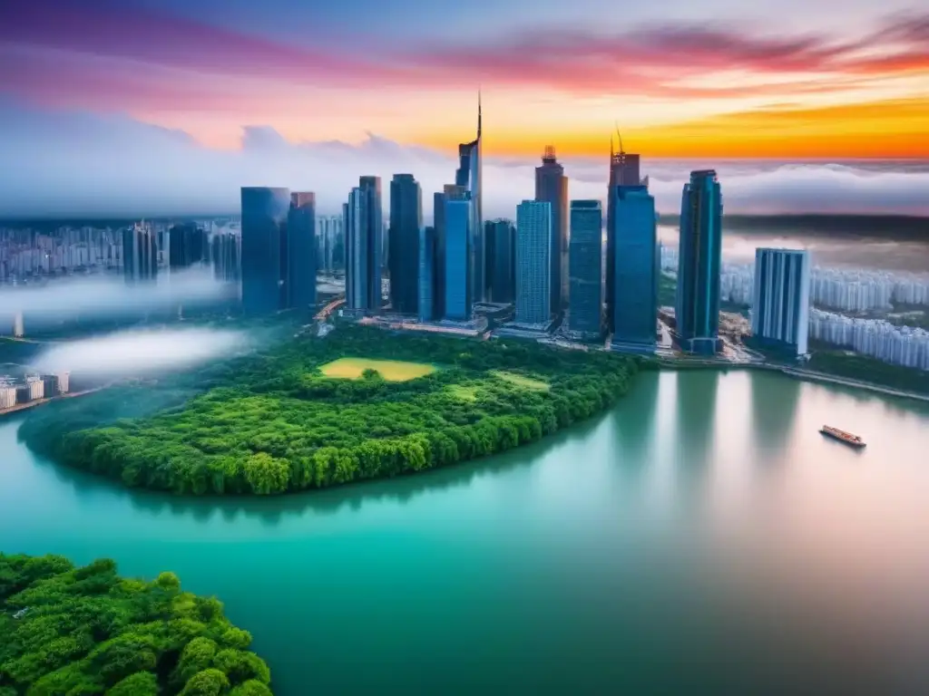 Espléndido atardecer en metrópolis de rascacielos Inversión segura en mercado inmobiliario: Vista aérea impresionante de una ciudad moderna con rascacielos reflejando el sol poniente