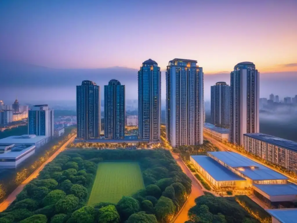 Edificio de lujo en ciudad vibrante al atardecer: inversión segura Inversión segura en propiedad internacional en zonas de riesgo, lujoso edificio condominio rodeado de ciudad vibrante al anochecer