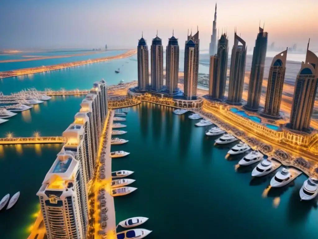 Espléndida vista aérea del atardecer en Dubai Marina Inversión segura en propiedades de lujo en Dubai: Majestuosa vista aérea de la icónica línea del horizonte de Dubai Marina al anochecer