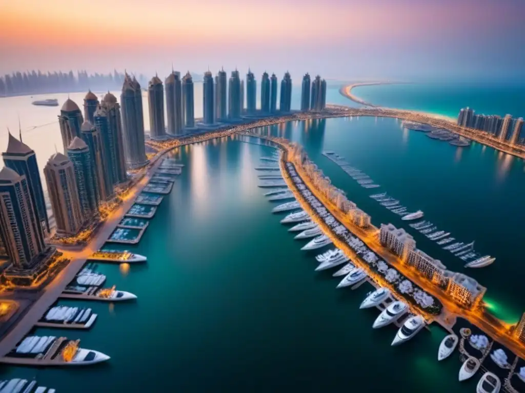 Espléndida vista aérea de Dubai Marina al atardecer Inversión segura en propiedades de lujo en Dubai: Atardecer en la icónica Marina de Dubai, con sus altos edificios iluminados y el cielo crepuscular