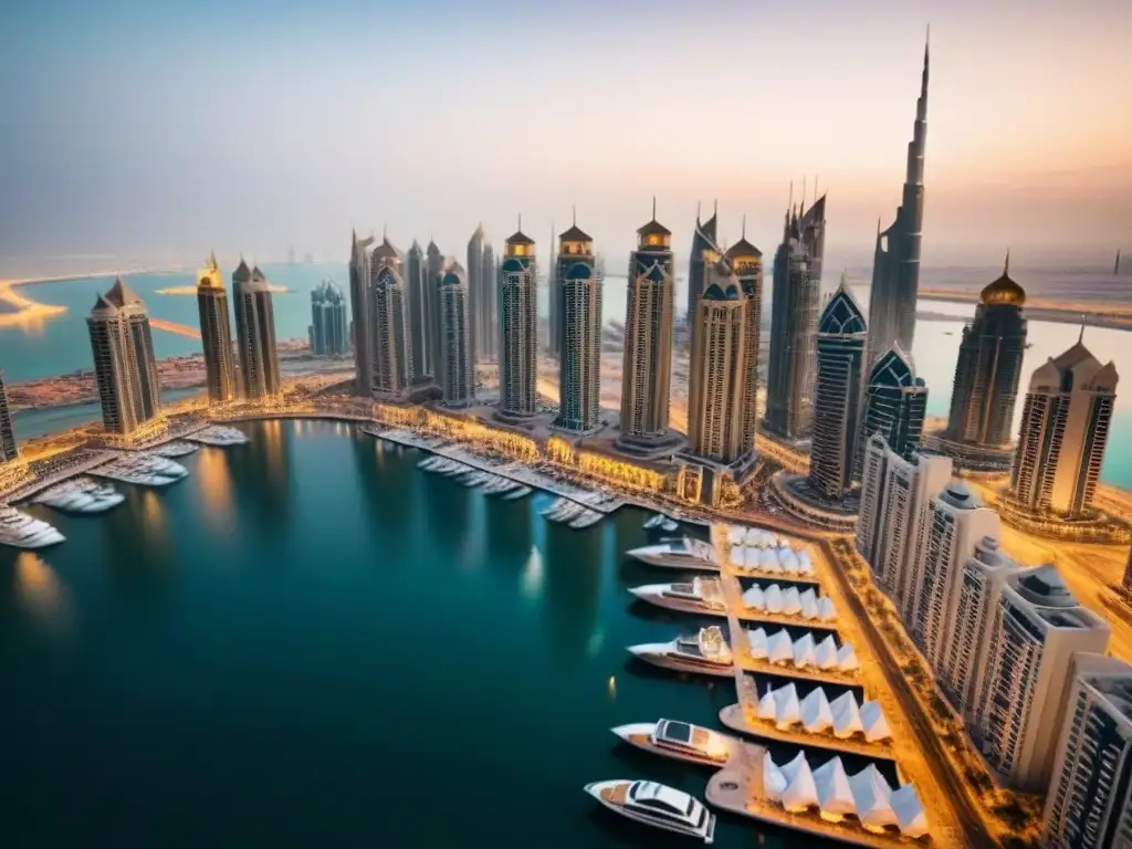Espléndida vista aérea de Dubai Marina al anochecer Inversión segura en propiedades de lujo en Dubai: Marina de Dubai al anochecer, luces de ciudad sobre el agua