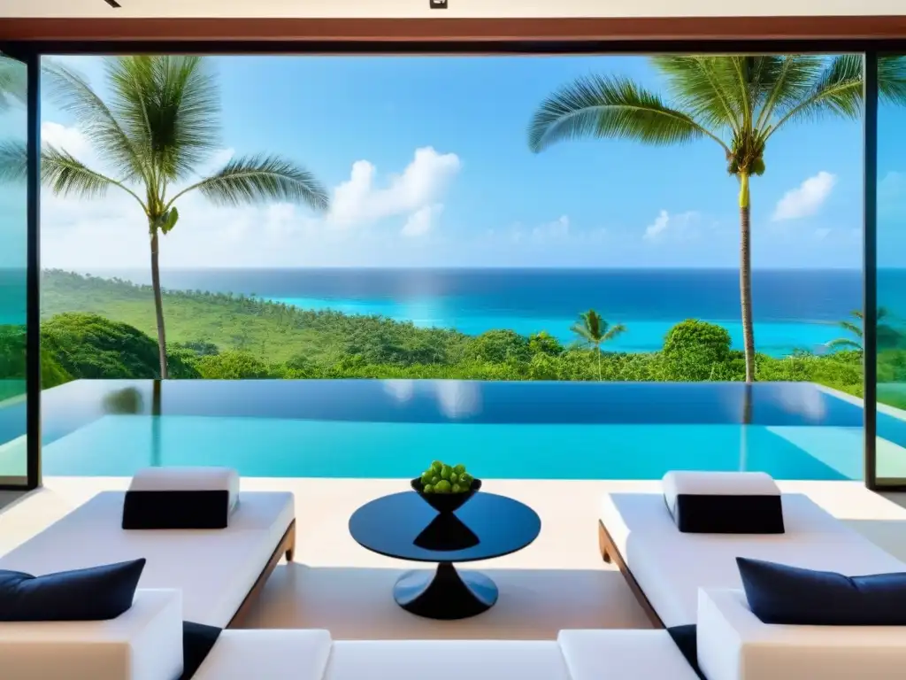 Villa de lujo con piscina infinita y vista al mar turquesa Inversión segura en propiedades vacacionales: lujosa villa con piscina infinita y vista al mar turquesa, rodeada de palmeras y elegante diseño