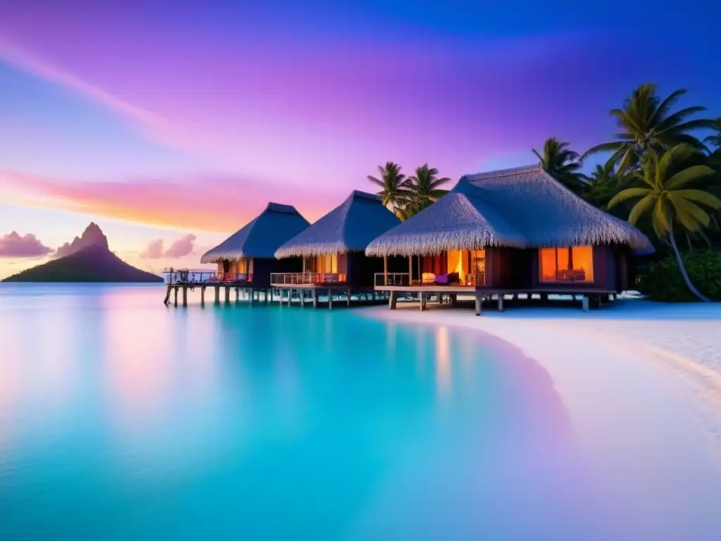 Propiedad de lujo en Bora Bora: atardecer exclusivo y relajante Inversión en tiempos compartidos en destinos exóticos: lujosa propiedad frente al mar en Bora Bora con bungalows sobre el agua y atardecer vibrante