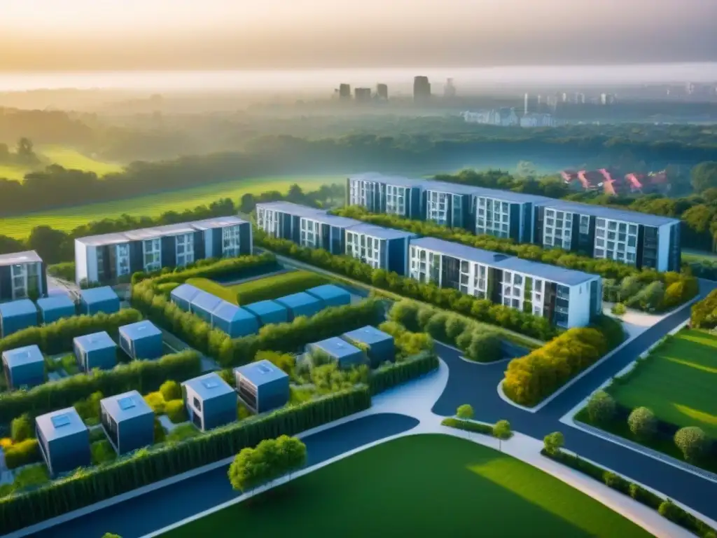 Housing eco sostenible: ciudad vibrante y verde Inversión en vivienda asequible: Ciudad moderna con arquitectura innovadora y espacios verdes integrados