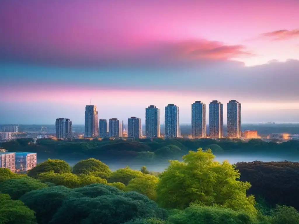 Complejos de vivienda asequible en una ciudad moderna al atardecer Inversión en vivienda asequible: Complejos residenciales iluminados al anochecer en una ciudad moderna y vibrante