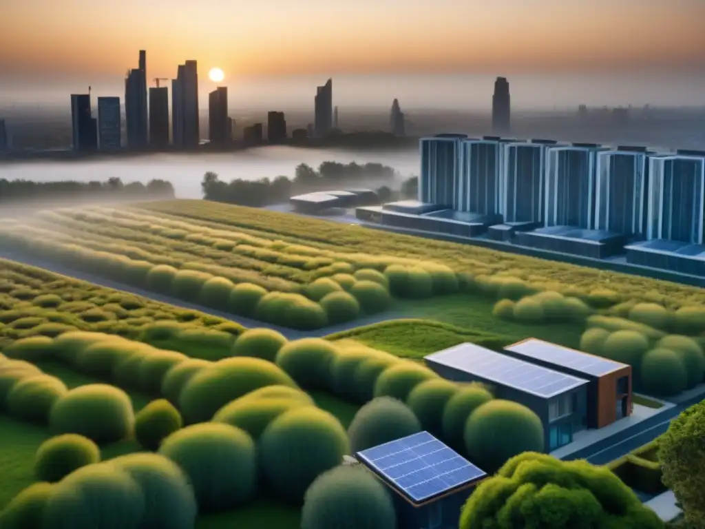 Metrópolis futurista: viviendas asequibles y sostenibles Inversión en vivienda asequible con diseño futurista y sostenible en la ciudad al atardecer