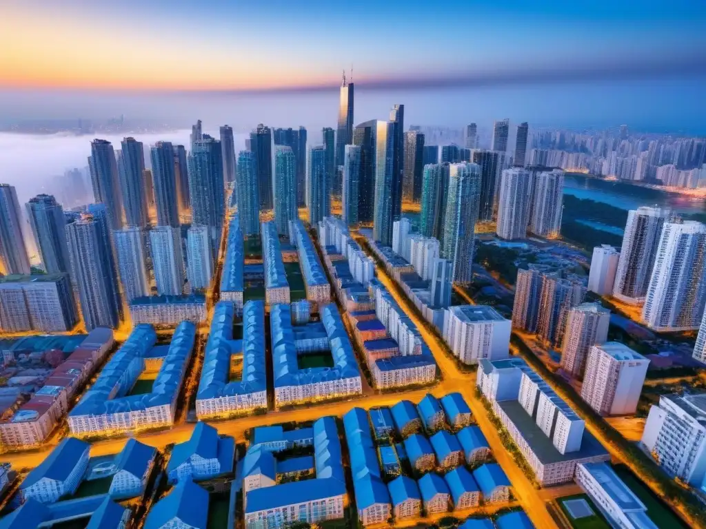 Contraste urbano: modernidad y tradición en vivienda global Inversión en vivienda asequible global: Ciudad diversa con modernos rascacielos y barrios tradicionales bajo un cielo azul vibrante