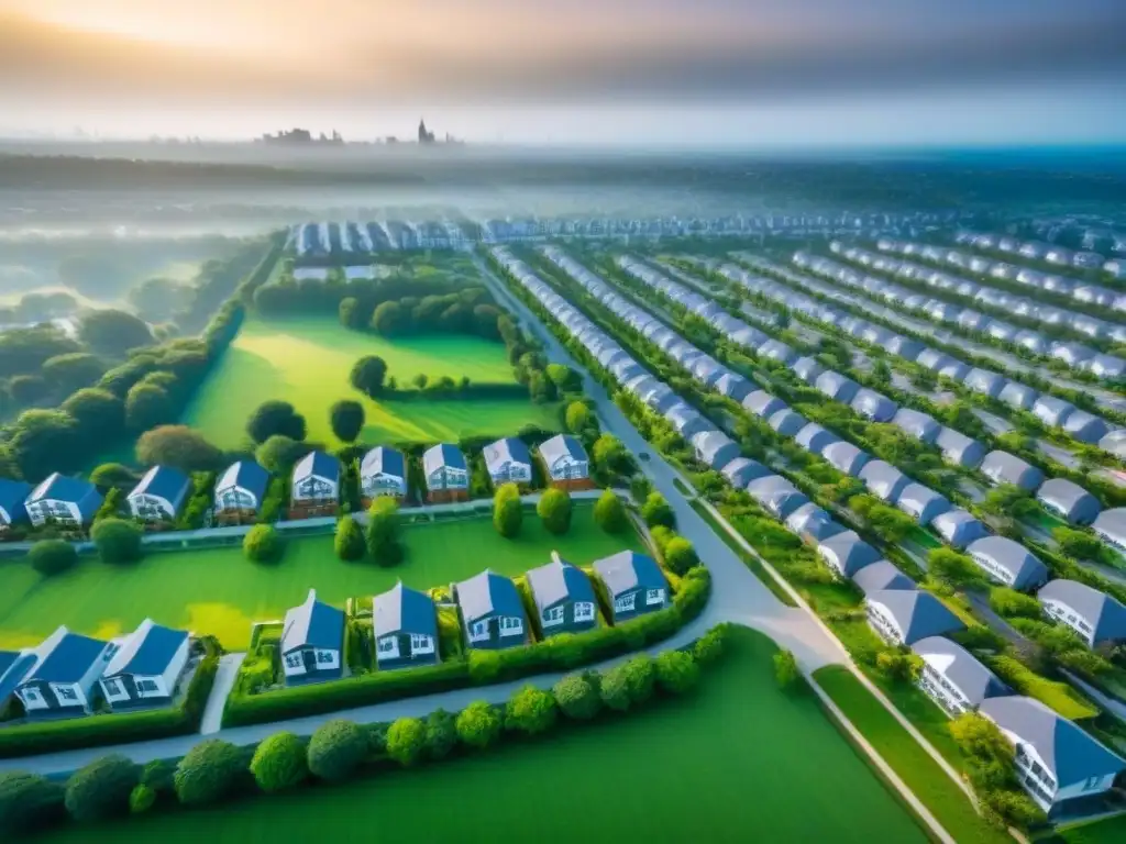 Viviendas asequibles en una ciudad moderna y vibrante Inversión en vivienda asequible internacional: Vista aérea de una ciudad moderna con diversos tipos de viviendas rodeadas de espacios verdes