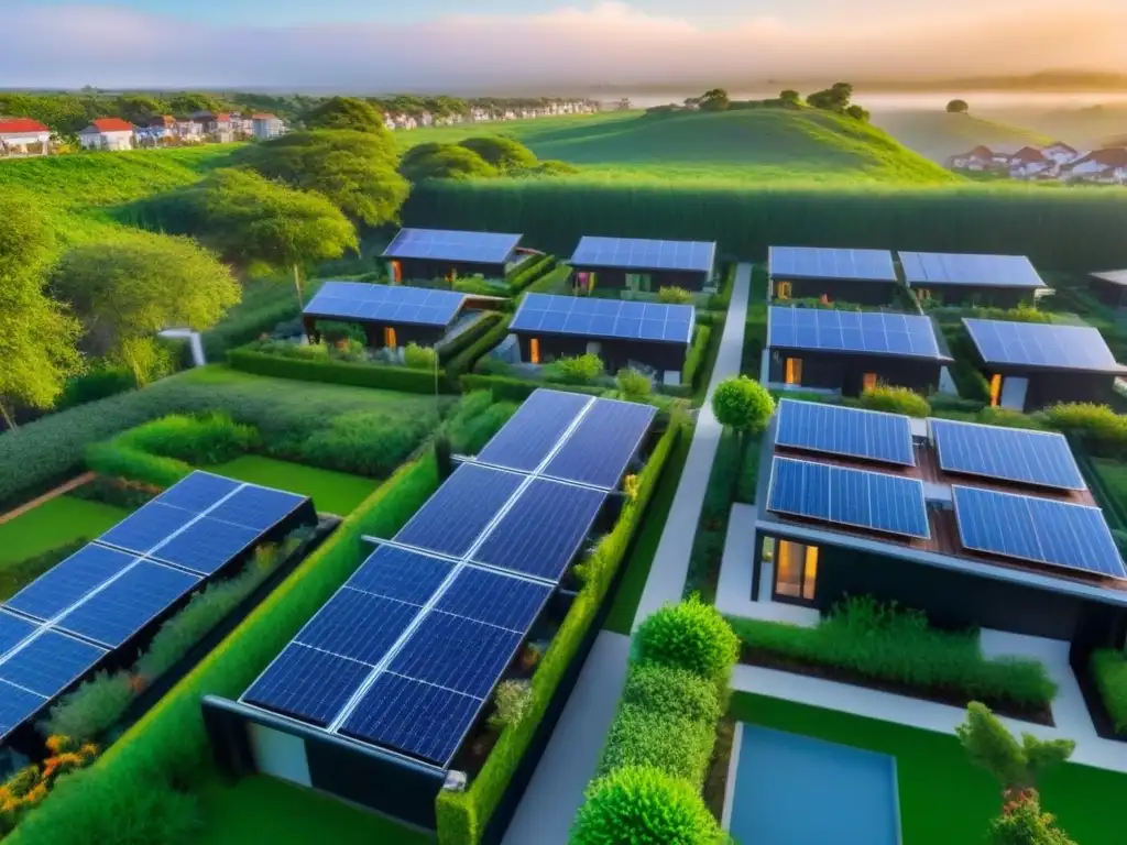 Comunidad sostenible: casas eco-friendly en armonía con la naturaleza Inversión en viviendas sostenibles: Comunidad ecoamigable con modernas casas y paneles solares, rodeadas de naturaleza al atardecer