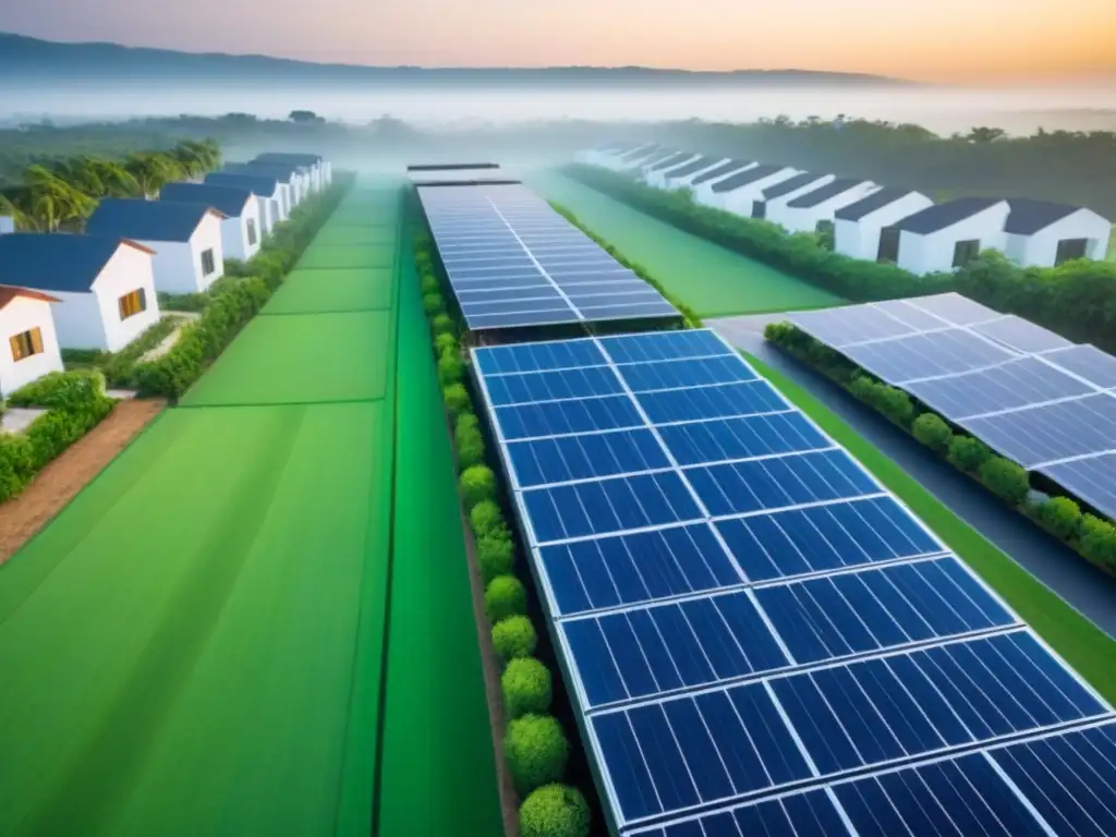 Desarrollo sostenible: arquitectura eco en entorno natural Inversión en viviendas sostenibles: Desarrollo urbano ecoamigable con paneles solares, áreas verdes y eficiencia hídrica