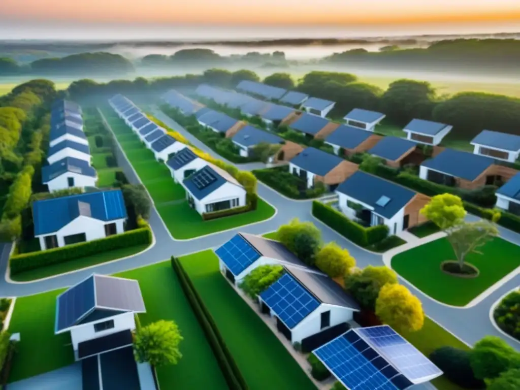 Barrio ecológico: hogares sostenibles bajo el sol Inversión en viviendas sostenibles: Vecindario ecológico con paneles solares y áreas verdes al atardecer