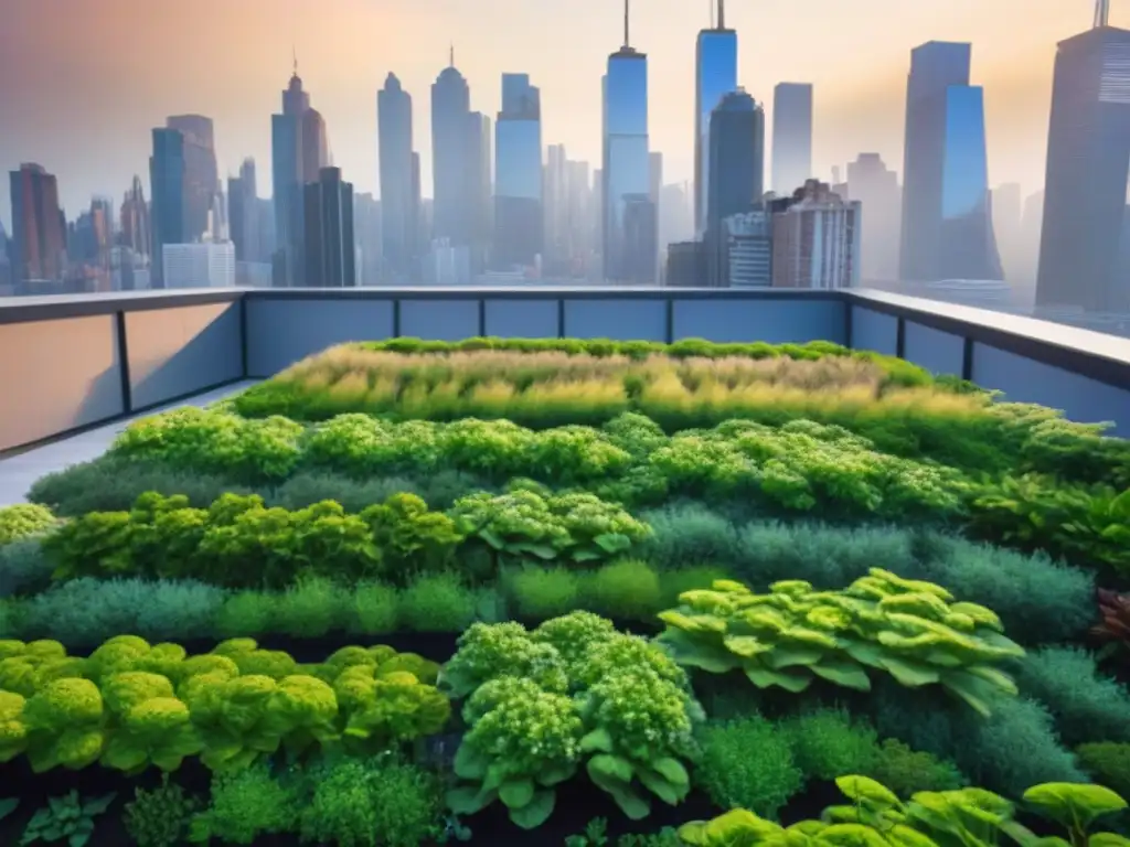 Jardines en las alturas: armonía natural en la ciudad Inversiones en azoteas verdes: Ciudad con rascacielos y jardines en techos, armonizando naturaleza y arquitectura urbana al atardecer