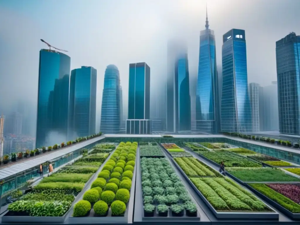 Jardines en la cima: oasis verde en la jungla urbana Inversiones en azoteas verdes: Ciudad moderna con rascacielos y jardines en la azotea, fusionando naturaleza y arquitectura futurista