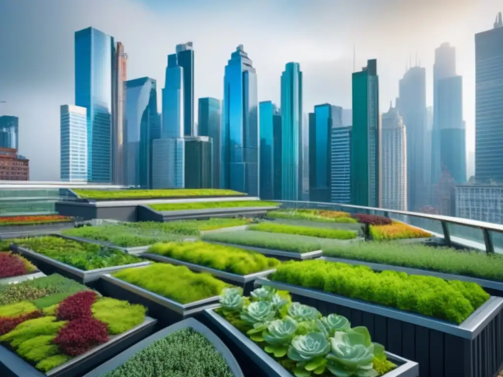 Skyline urbano con jardines en azoteas verdes Inversiones en azoteas verdes: Ciudad con rascacielos y jardines en techos, fusión de naturaleza y arquitectura moderna