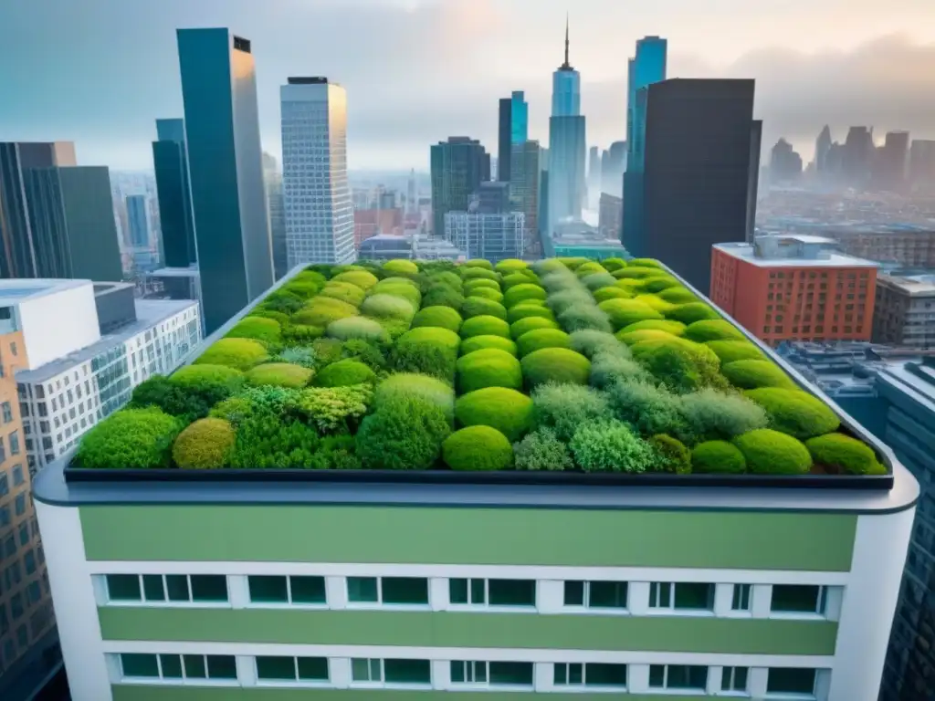 Horizonte urbano: rascacielos con jardines en azoteas verdes Inversiones en azoteas verdes: Detallada imagen 8k de skyline urbano con edificios verdes y modernos contrastando con la naturaleza