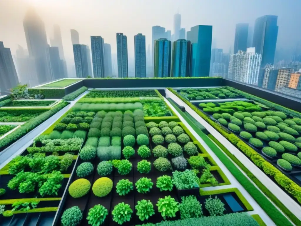 Metrópolis verde: impacto de inversiones ecológicas en rascacielos Inversiones en azoteas verdes: impactante vista aérea de una ciudad con rascacielos modernos y jardines en azoteas