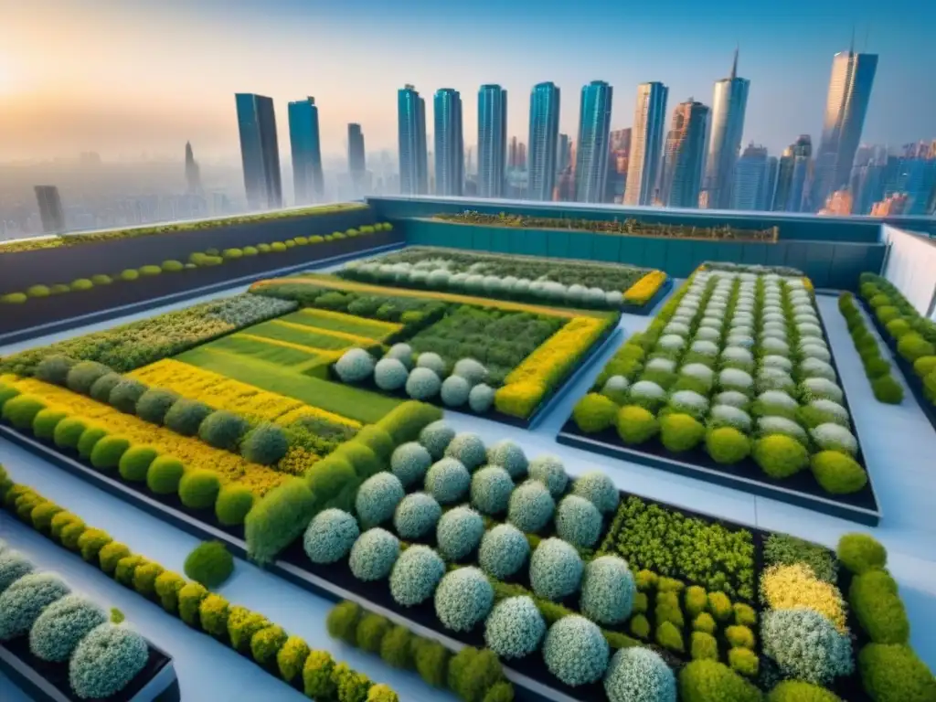 Jardines urbanos: oasis verde en la jungla de concreto Inversiones en azoteas verdes: Jardines vibrantes en contraste con la metrópolis, bajo la cálida luz del atardecer