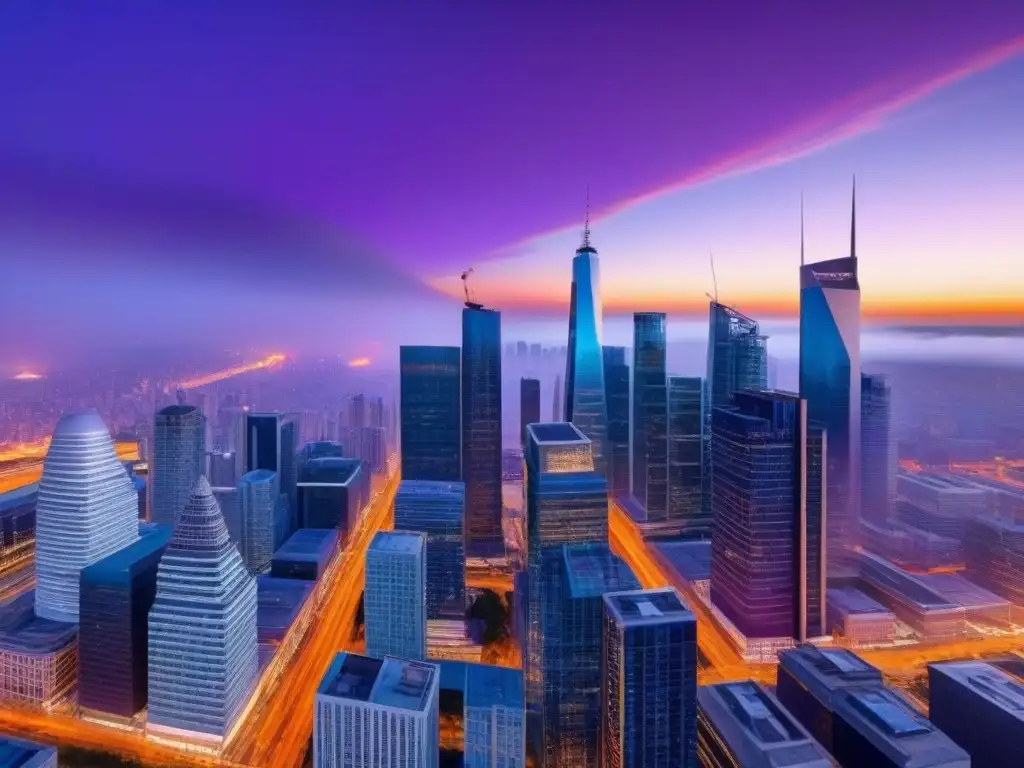 Horizonte urbano al atardecer: inversión en inmuebles comerciales Inversiones en bienes raíces comerciales a largo plazo: vibrante ciudad al atardecer, edificios modernos y gente de negocios en bulliciosa calle