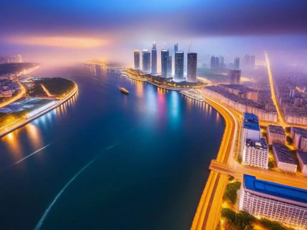 Esplendor nocturno: Ciudad de lujo con rascacielos iluminados sobre río Inversiones de bienes raíces de lujo internacional: vibrante ciudad nocturna con rascacielos iluminados y río sereno