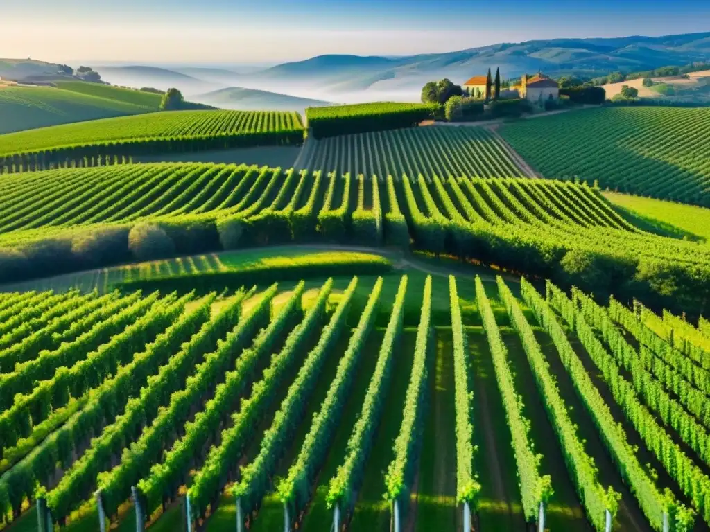 Viñedos internacionales: belleza y promesa de éxito Inversiones en bodegas internacionales: Viñedos verdes y ordenados en colinas, bañados por el sol y sombras