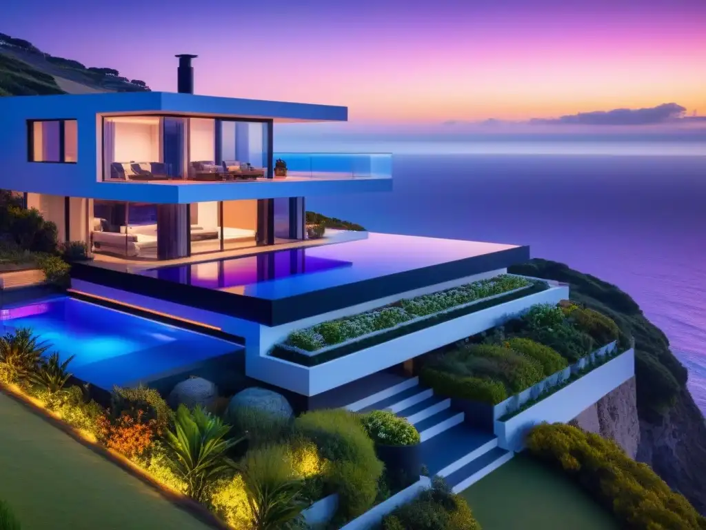 Residencia inteligente de lujo con vista al mar Inversiones en casas inteligentes internacionales: Una casa futurista con tecnología avanzada y vistas al mar al atardecer