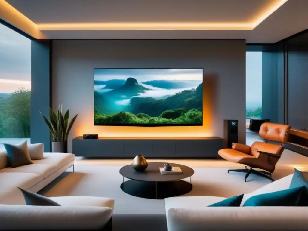 Sala de estar de lujo en casa inteligente: tecnología y elegancia Inversiones exitosas en casas inteligentes: Sala de estar lujosa y moderna con tecnología integrada y ambiente acogedor