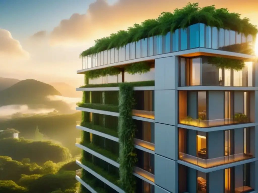 Rascacielos ecológico futurista: innovación sostenible Inversiones globales en bioarquitectura: un rascacielos futurista ecoamigable con vegetación exuberante y tecnología sustentable al atardecer
