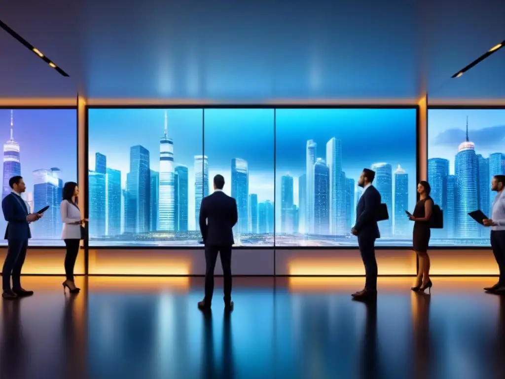Inversores globales estudian hologramas financieros en rascacielos modernos Inversiones globales con Crowdfunding inmobiliario: inversores analizan hologramas financieros en rascacielos futuristas