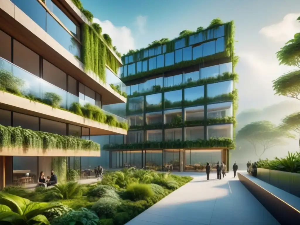 Ecoedificio futurista: arquitectura verde de vanguardia Inversiones globales en bioarquitectura: Edificio futurista ecoamigable con elementos innovadores y naturaleza exuberante