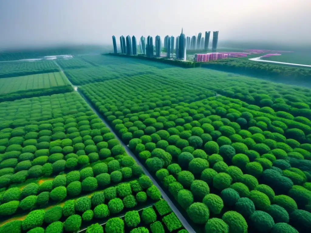 Visión futurista de ciudad ecológica con bioarquitectura innovadora Inversiones globales en bioarquitectura: Ciudad ecológica futurista integrada con la naturaleza y energías renovables