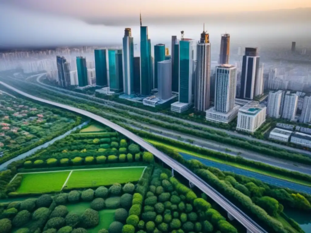 Vista aérea impactante de una ciudad diversa en crecimiento Inversiones globales en mercados inmobiliarios: Vista aérea impresionante de una ciudad diversa con rascacielos, edificios residenciales y espacios verdes, representando un entorno urbano interconectado y dinámico