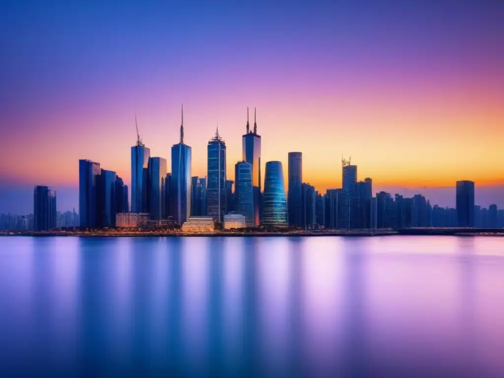 Oportunidades de inversión en skyline futurista al atardecer Inversiones globales en rascacielos futuristas al atardecer, reflejando oportunidades de crowdfunding inmobiliario internacional