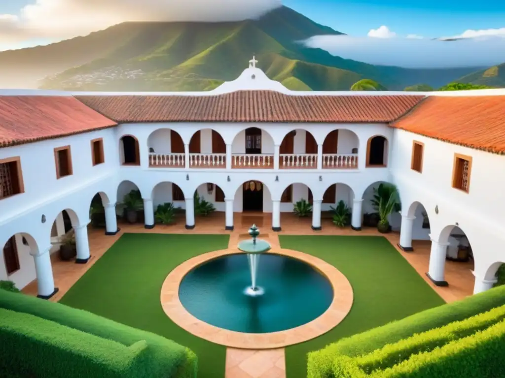Hacienda colonial restaurada: lujo histórico en la naturaleza Inversiones en haciendas coloniales América: Vista aérea de una hacienda colonial restaurada rodeada de exuberante vegetación y majestuosos jardines