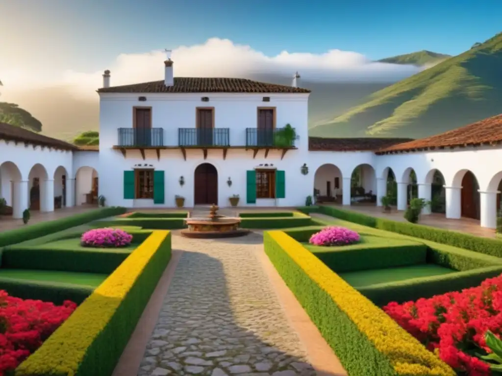 Hacienda colonial restaurada: esplendor en 8k Inversiones en haciendas coloniales América: Hacienda colonial restaurada con jardines verdes y arquitectura detallada, bañada por luz cálida