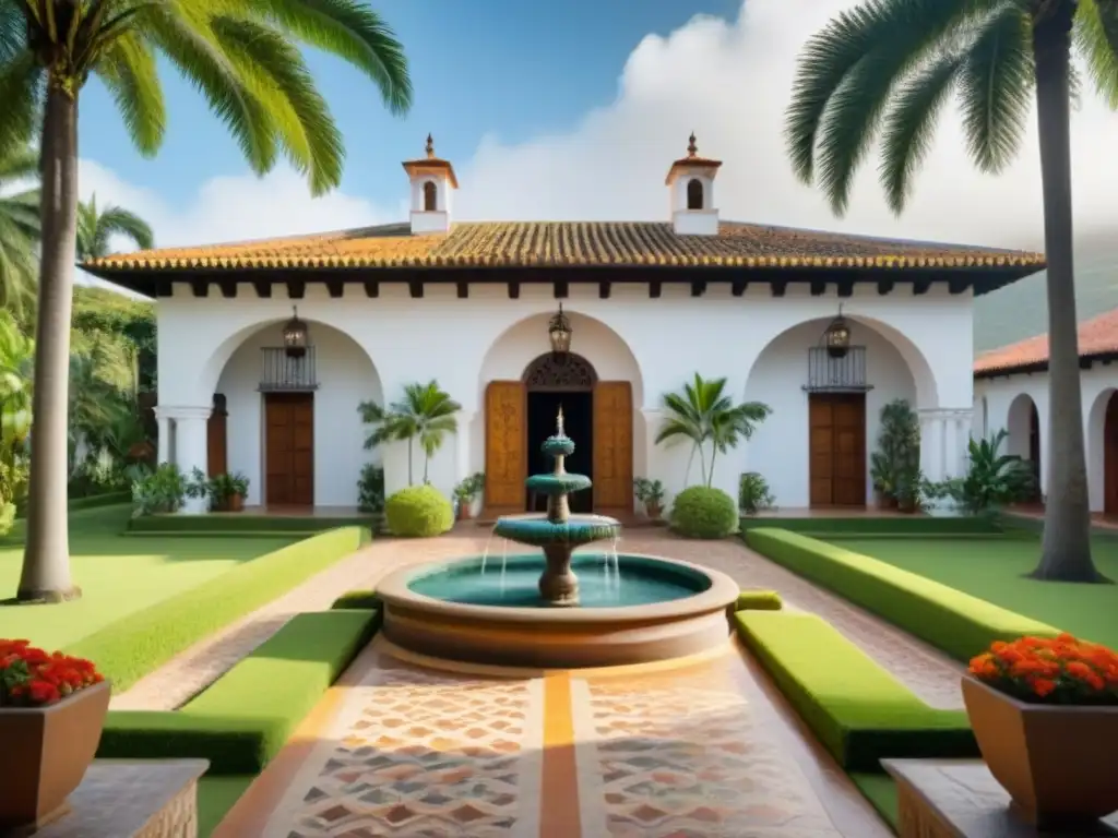 Majestuosa hacienda colonial restaurada en América Latina Inversiones en haciendas coloniales América: Majestuosa hacienda colonial con arquitectura detallada y exuberantes jardines