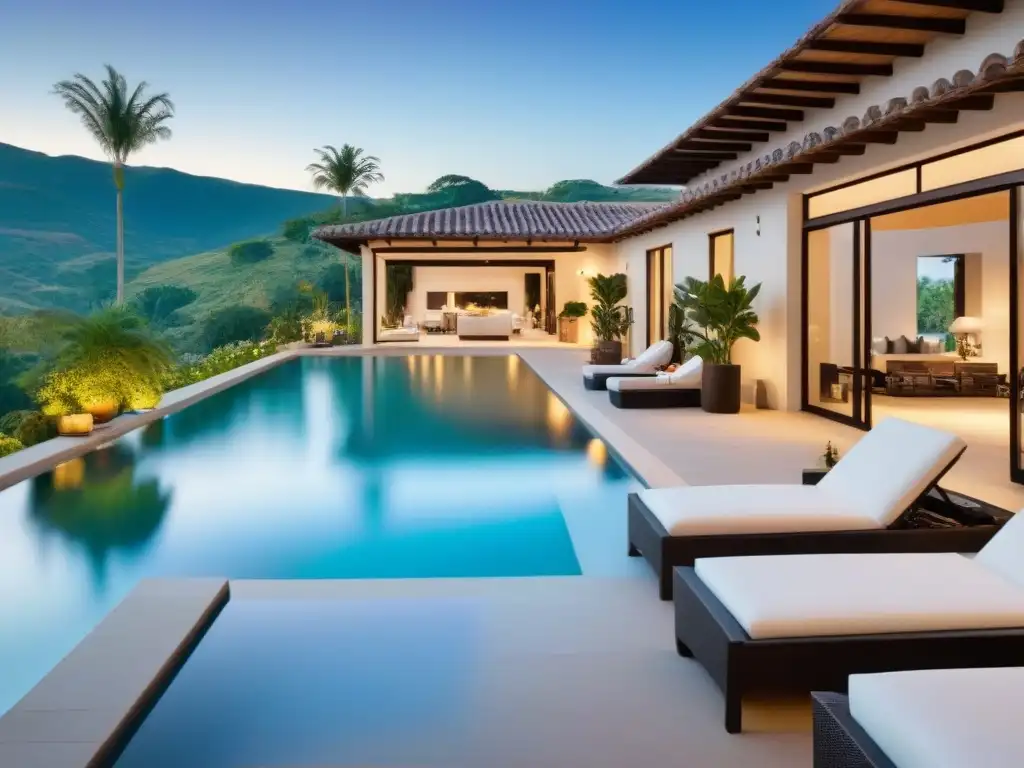 Exclusiva hacienda moderna: lujo y elegancia en entorno natural Inversiones en haciendas de lujo: Exclusiva hacienda moderna rodeada de exuberantes jardines y una elegante piscina bajo el sol brillante, con invitados en atuendo de gala disfrutando de una sofisticada reunión al aire libre