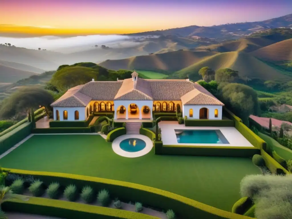 Esplendor en Hacienda de Lujo: Piscinas, Jardines y Arquitectura Colonial Inversiones en haciendas de lujo: Vista aérea de una hacienda de lujo en colinas, con jardines y arquitectura colonial española