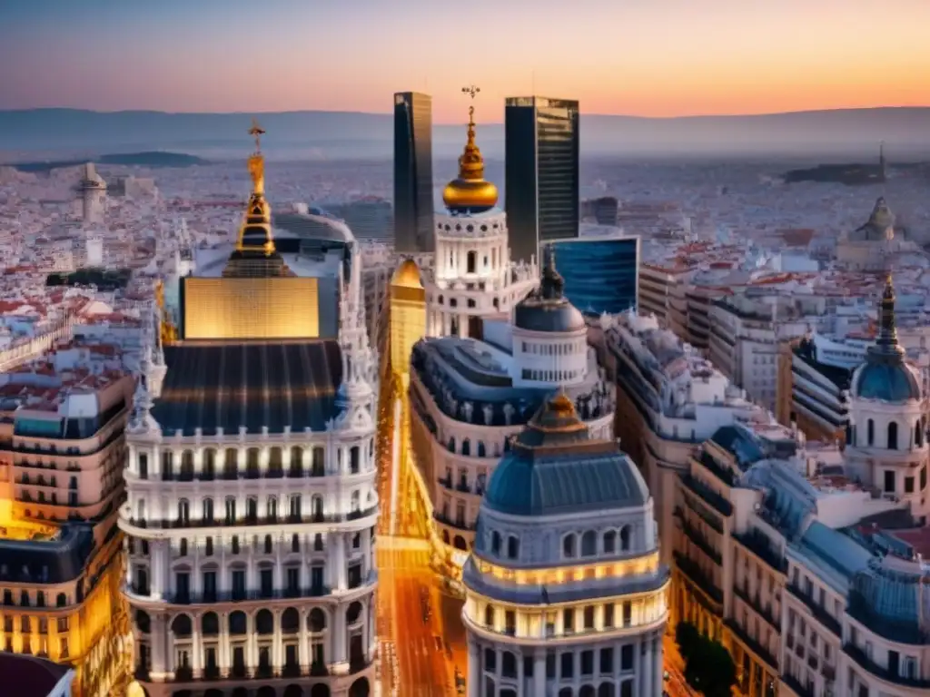 Vista aérea de Madrid al atardecer: luces y oportunidades Inversiones inmobiliarias Madrid post COVID: Vista aérea de la ciudad al anochecer, con sus icónicos edificios y vibrante energía urbana