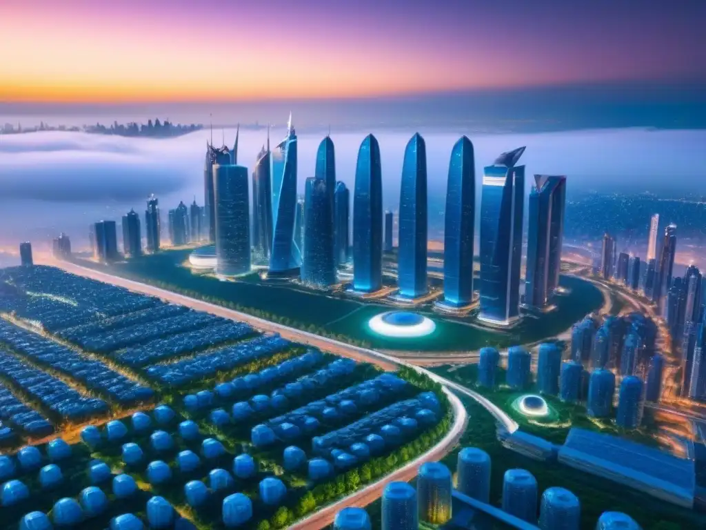 Skyline futurista: ciudad inteligente ecológica al anochecer Inversiones inmobiliarias en Smart Cities: Vista aérea detallada de una ciudad futurista con edificios eco-sostenibles y transporte avanzado