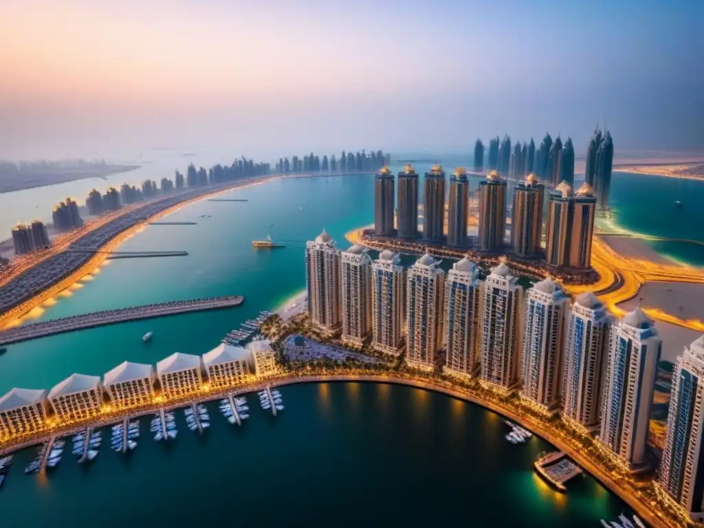 Esplendor nocturno en Dubai Marina: lujo y modernidad en el horizonte Inversiones inmobiliarias lujo Dubai: Vista aérea de la opulenta Dubai Marina al anochecer, con rascacielos iluminados y el golfo Pérsico al fondo