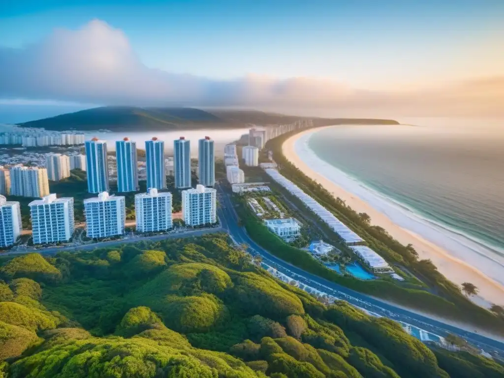 Vacaciones de lujo en ciudad costera al atardecer Inversiones inmobiliarias alquiler vacacional: Costa urbana al atardecer con modernos alojamientos rodeados de naturaleza y mar