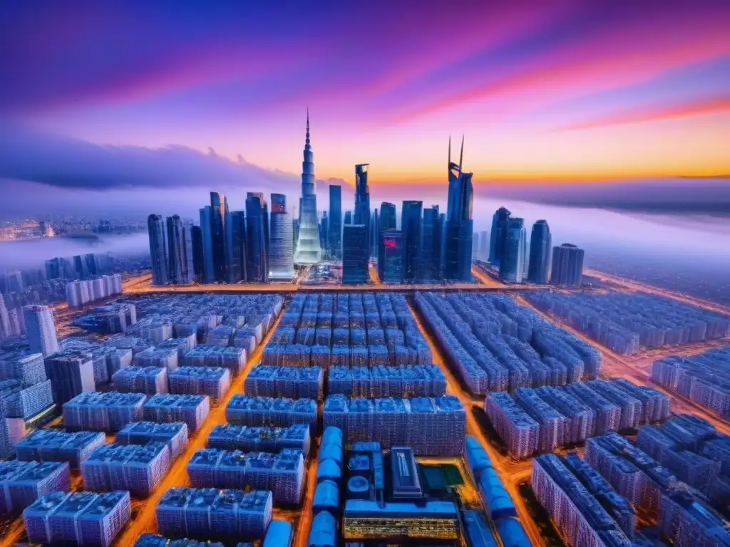 Horizonte urbano futurista: integración internacional inmersiva Inversiones inmobiliarias alternativas internacionales en ciudad futurista al atardecer