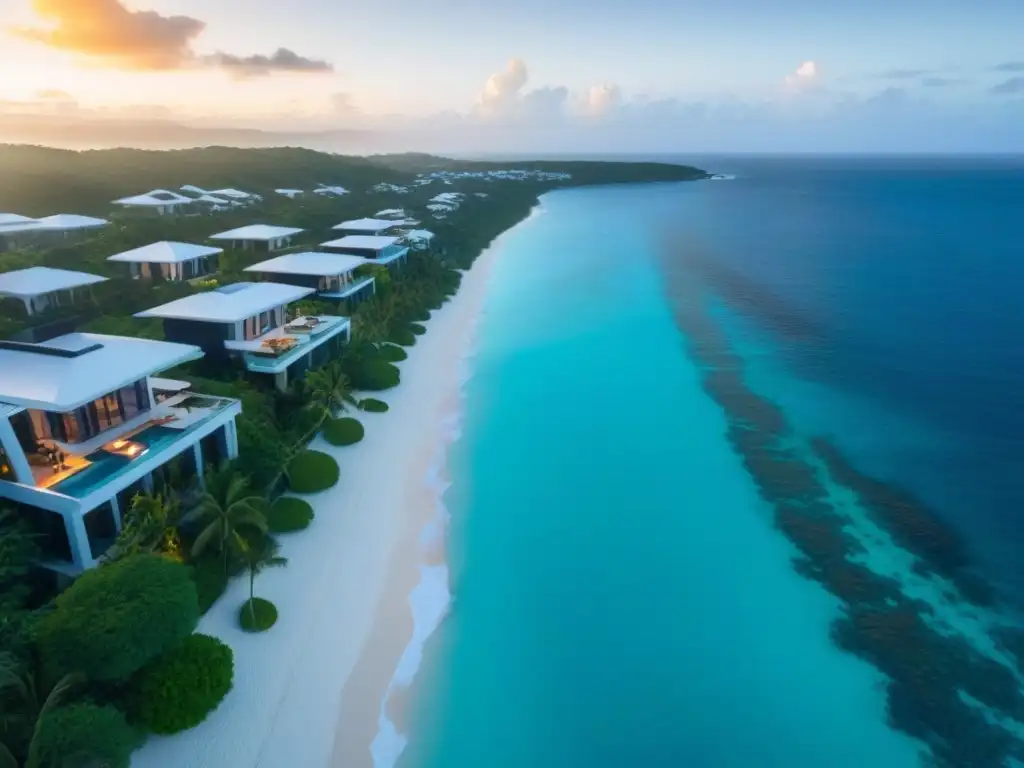 Propiedades de lujo en el Caribe al atardecer Inversiones inmobiliarias Caribe rentabilidad: Atardecer dorado sobre lujosas propiedades frente al mar