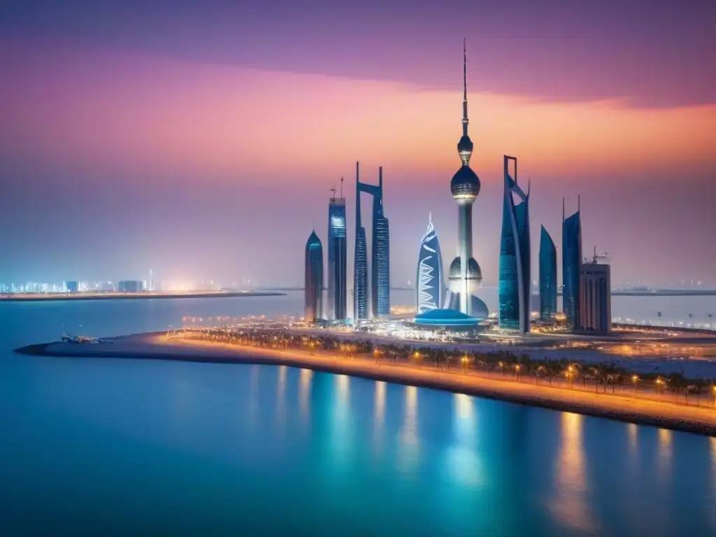 Horizonte de Kuwait City al anochecer: luces y modernidad Inversiones inmobiliarias en Kuwait: Atardecer radiante con las Torres de Kuwait y el skyline de la ciudad iluminados, reflejados en el Golfo Árabe