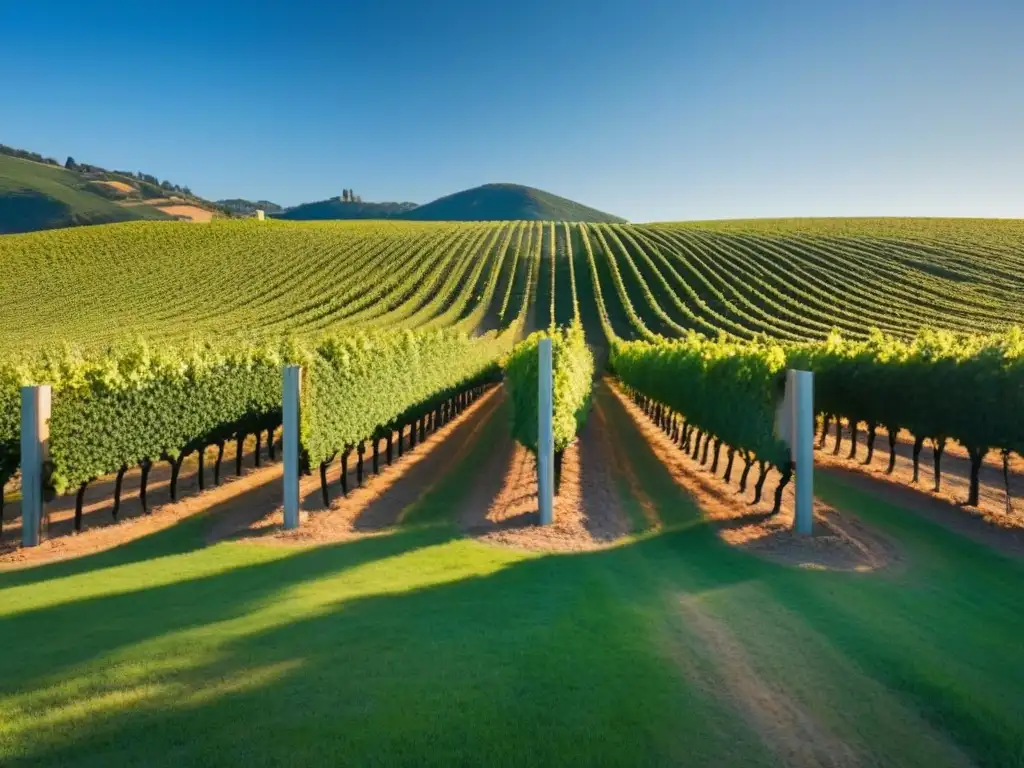 Viñedo moderno y próspero en el valle Inversiones inmobiliarias en bodegas: Una bodega moderna y elegante en un valle pintoresco bajo un cielo azul claro