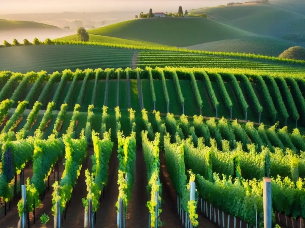 Viñedos de ensueño al atardecer: inversión sofisticada en la naturaleza Inversiones inmobiliarias en bodegas: Viñedos verdes y elegante bodega al atardecer