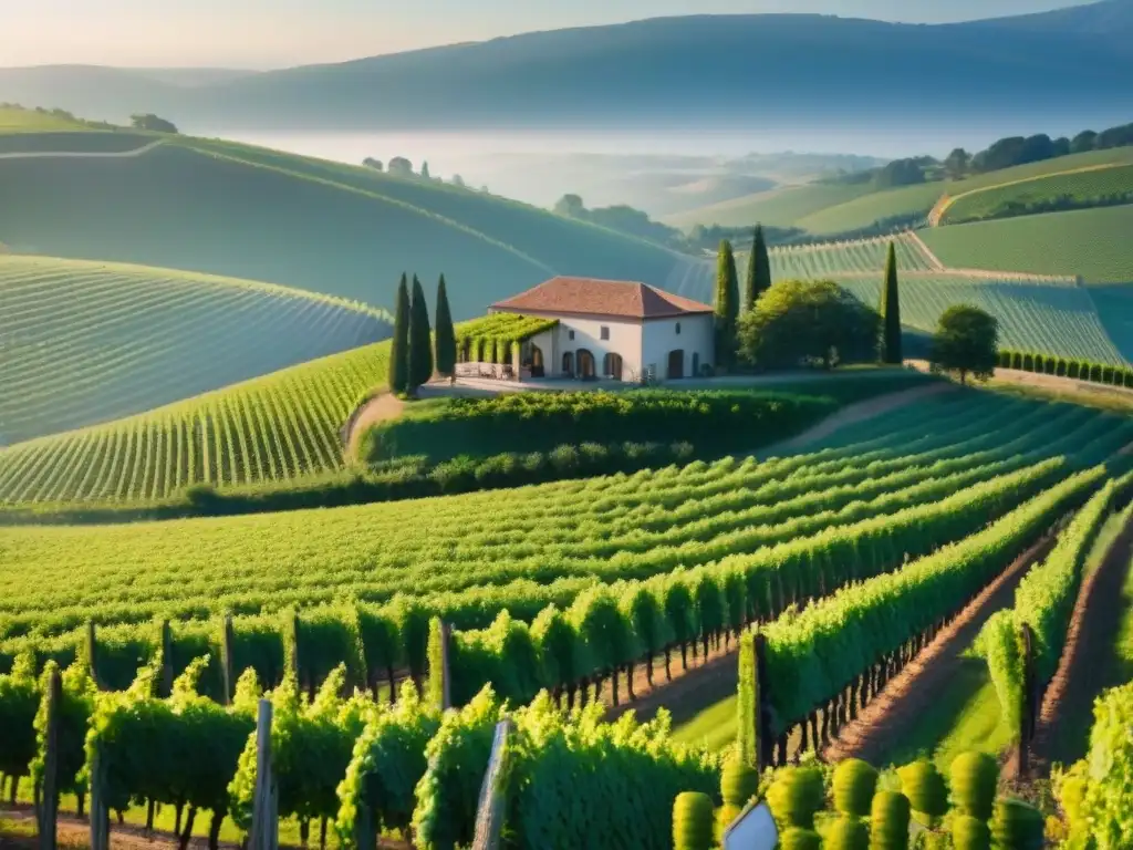 Viñedos de lujo: inversión en bodegas modernas Inversiones inmobiliarias en bodegas: Viñedos verdes en colinas bajo cielo azul, sol radiante sobre bodega moderna